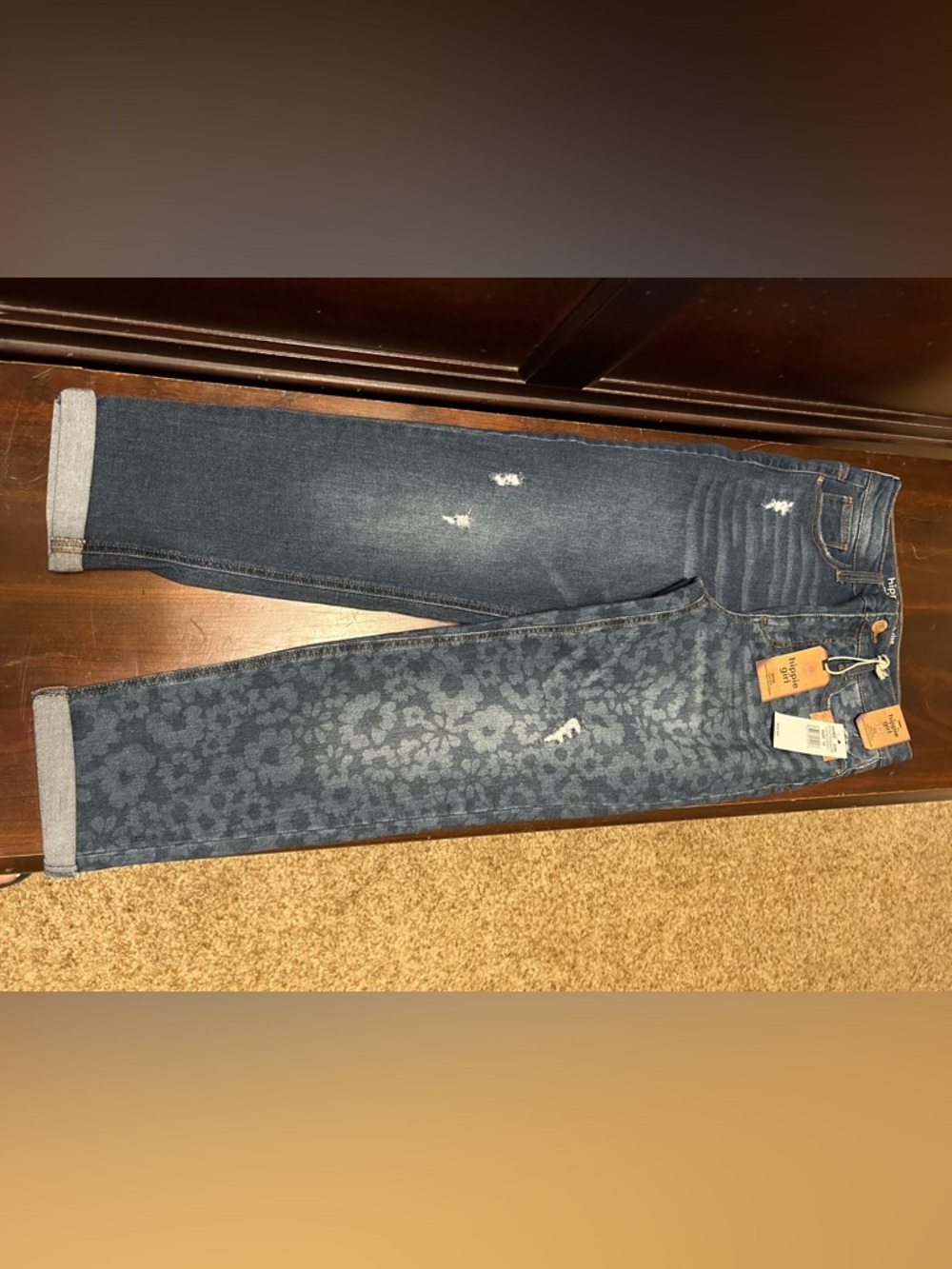 Women's Dark Blue Floral-Pattern Skinny Jeans